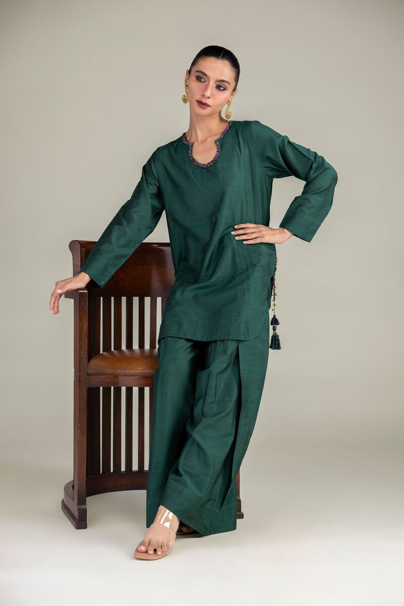 Dyed | Textured Raw Silk | Solid Green Kurta | USD 40.00