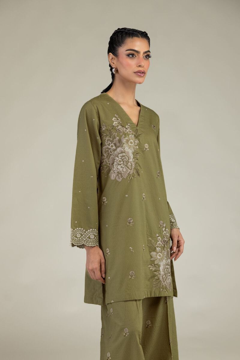 Embroidered | Cotton Dobby | Olive V-Neck Kurta | USD 45.00