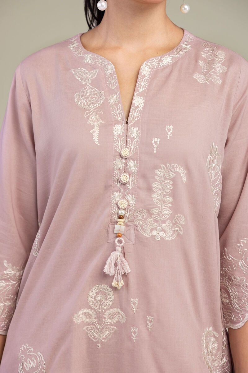 Embroidered | Raw Silk | V-Neck Pink Kurta | USD 55.00