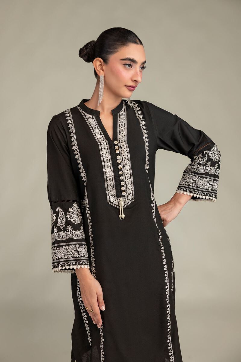 Printed | Raw Silk | Long Black Kurta | USD 55.00