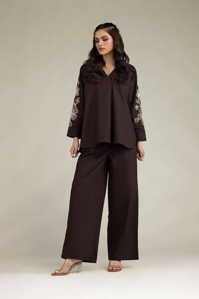 Embroidered | Poplin | Brown Poplin Trousers | USD 30.00