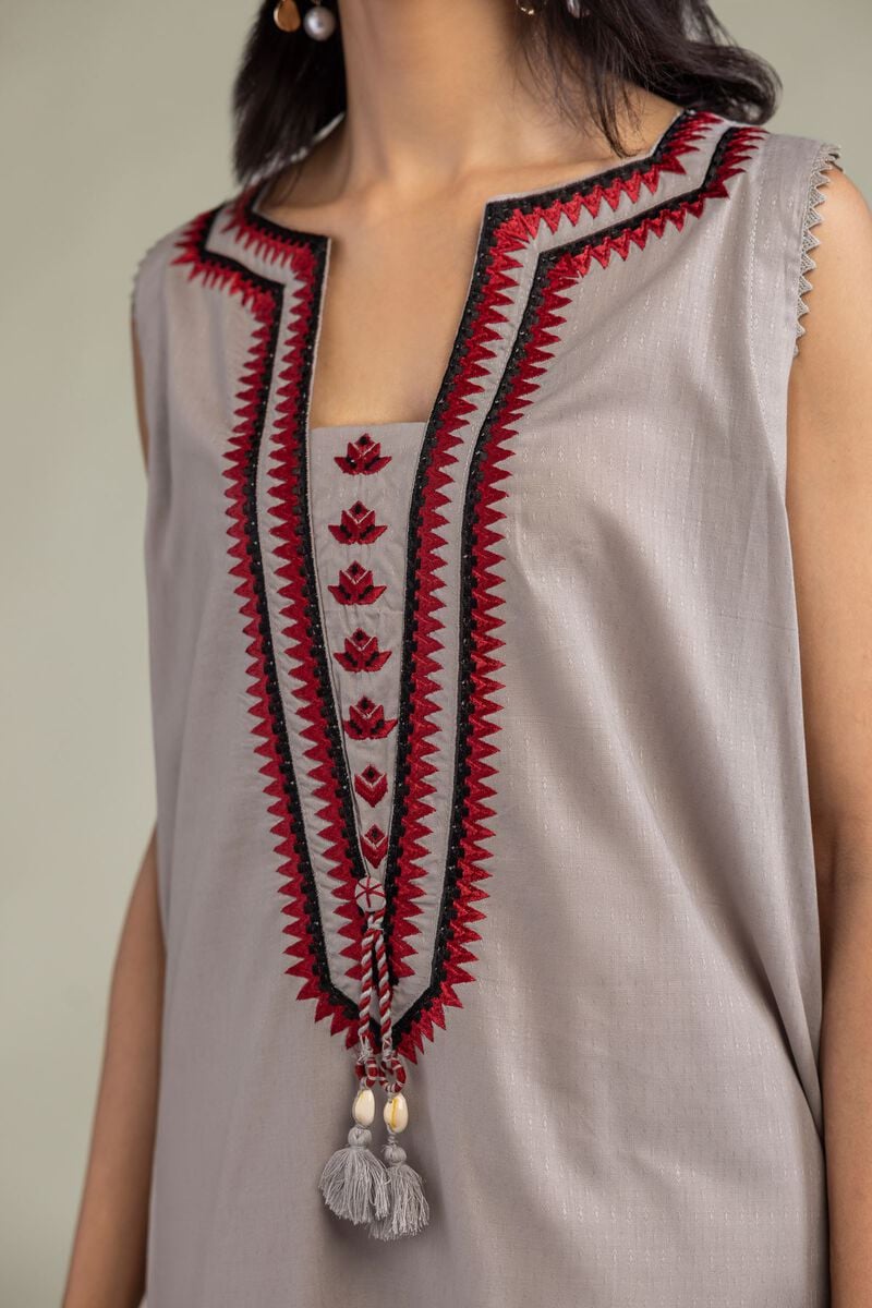 Embroidered | Cotton Dobby | Gray Sleeveless Kurta | USD 45.00
