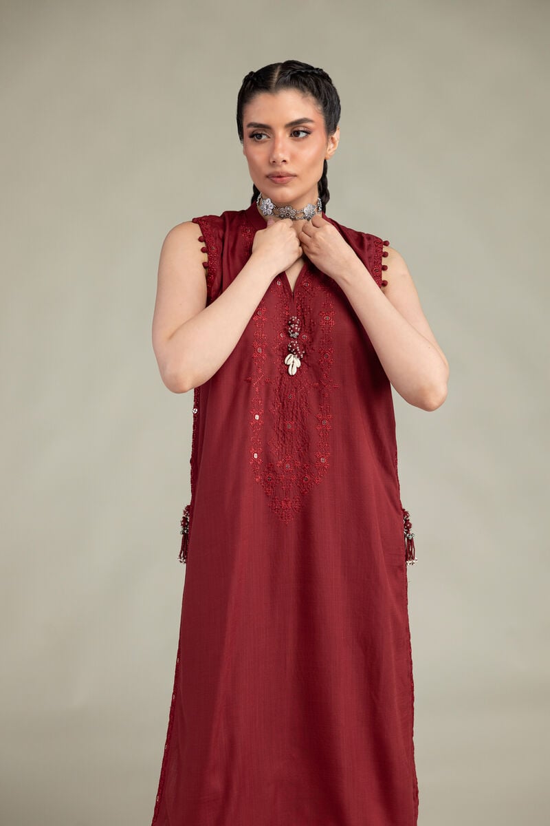 Embroidered | Raw Silk | Sleeveless Longline Kurta | USD 60.00