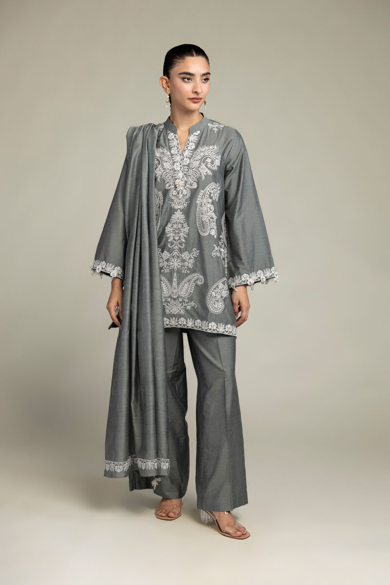 Cotton Net | Gray Floral Dupatta | USD 30.00