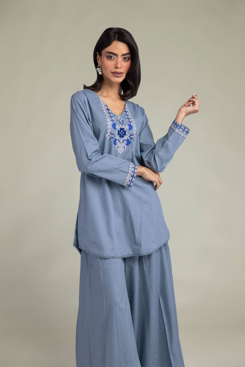 Embroidered | Cotton Dobby | Blue V-Neck Kurta | USD 35.00