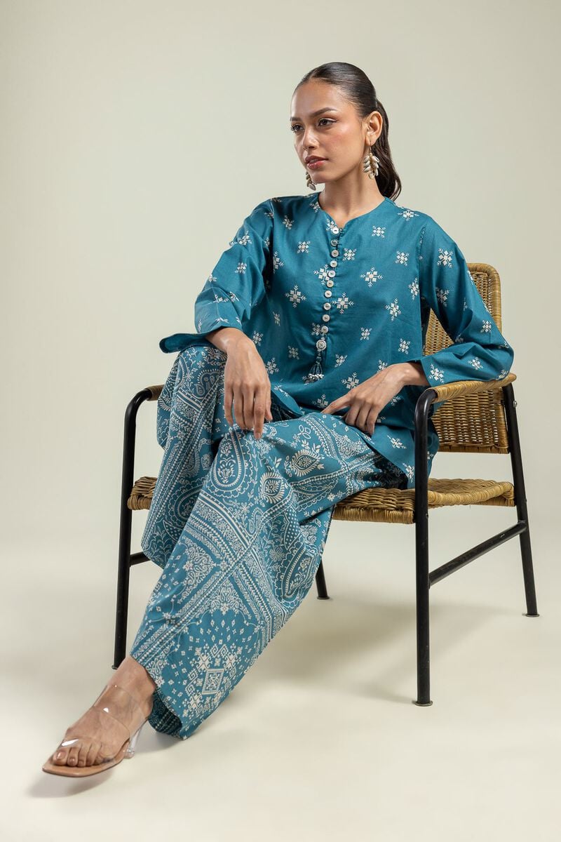 Printed | Cambric | Teal Cambric Kurta | USD 30.00
