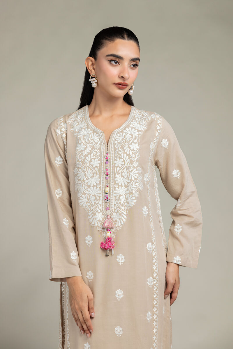 Embroidered | Raw Silk | Beige Embroidered Kurta | USD 45.00