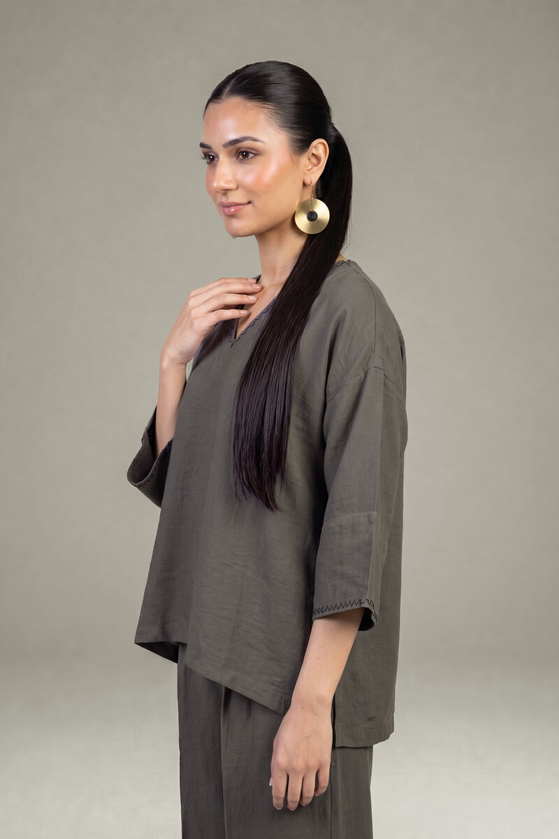 Dyed | Crepe | Solid V-Neck Tunic | USD 40.00