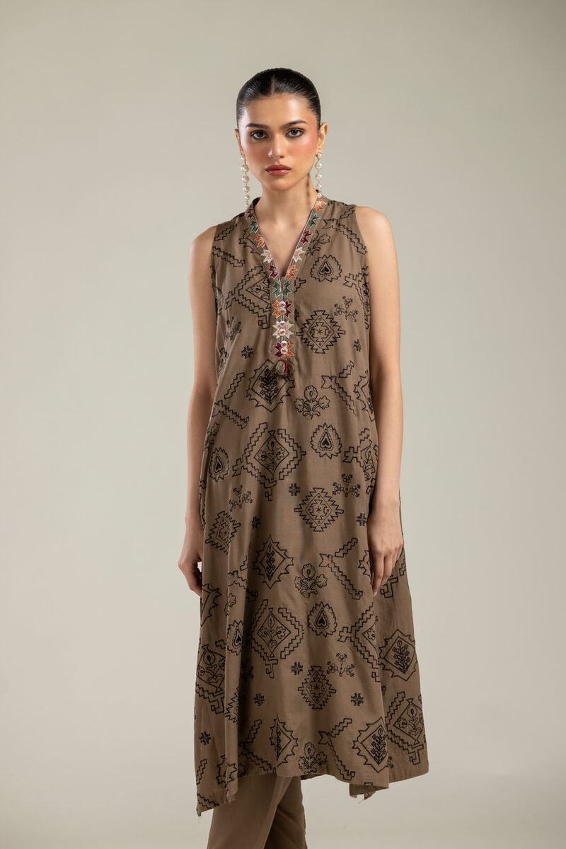 Embroidered | Raw Silk | Brown Sleeveless Kurta | USD 55.00