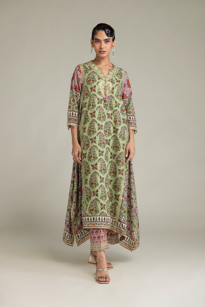 Embroidered | Raw Silk | Long Green Kurta | USD 65.00