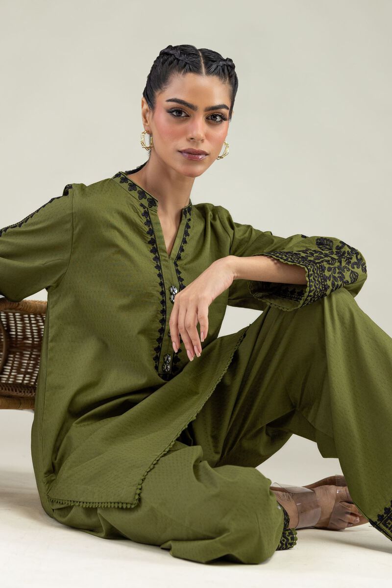 Embroidered | Cotton Dobby | Cotton Olive Kurta | USD 45.00