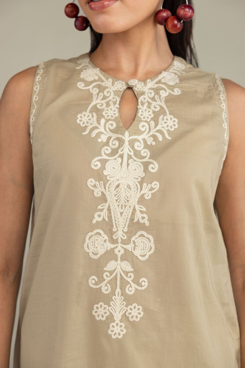 Embroidered | Cambric | Beige Sleeveless Kurta | USD 45.00