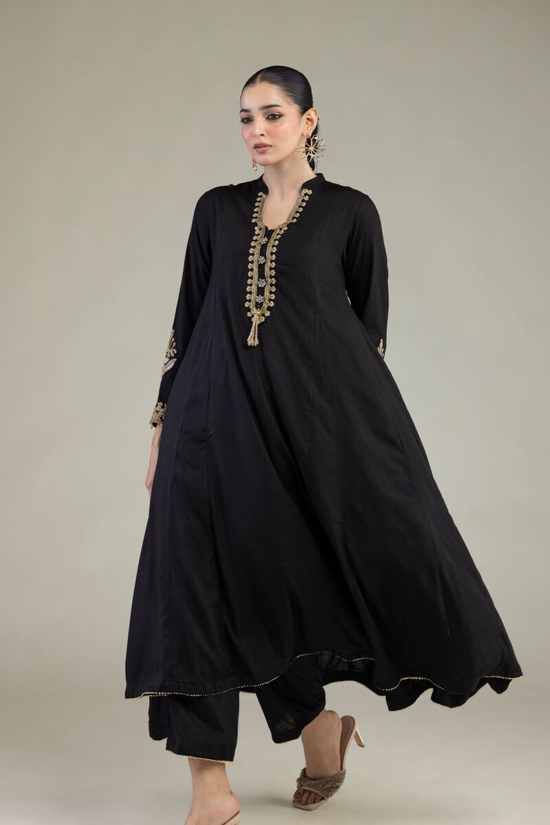 Embroidered | Raw Silk | Black Longline Kurta | USD 60.00