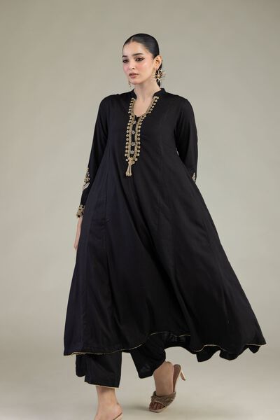 Embroidered | Raw Silk | Black Longline Kurta | USD 60.00