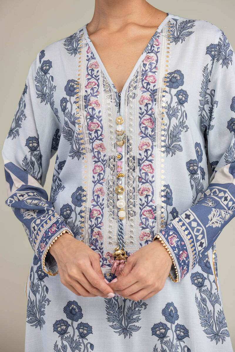 Embroidered | Raw Silk | Floral Blue Kurta | USD 65.00