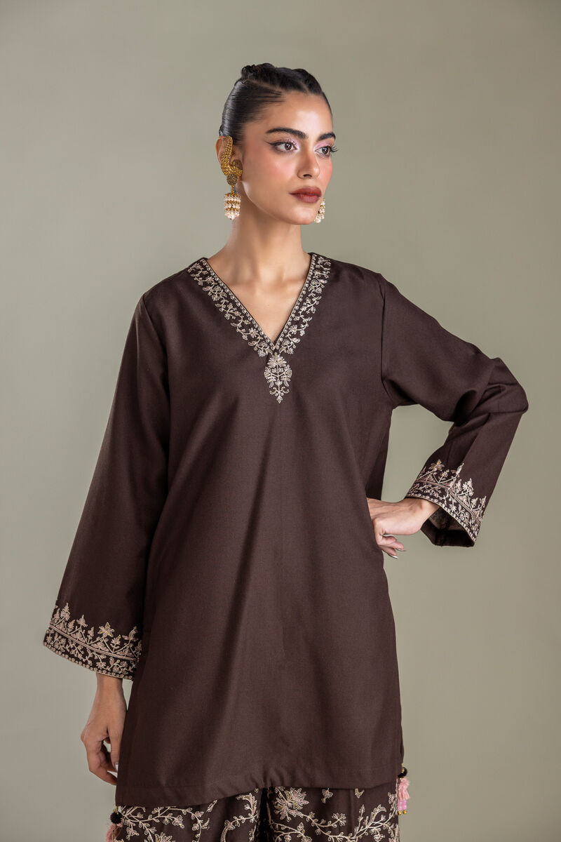 Embroidered | Heavy Blended Viscose | Brown V-neck Kurta | USD 60.00