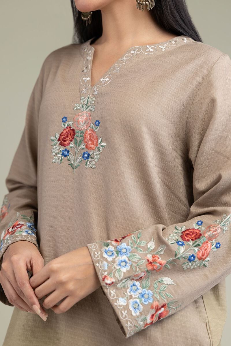 Embroidered | Cotton Dobby | Floral Beige Kurta | USD 40.00