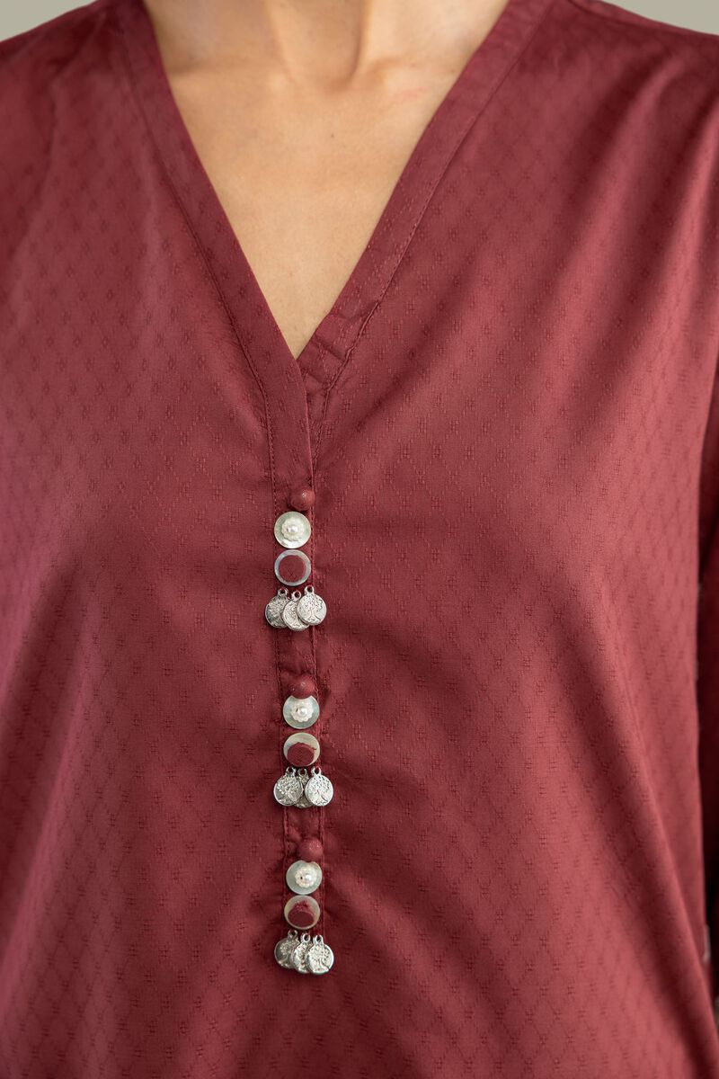 Embroidered | Cotton Dobby | Maroon V-Neck Kurta | USD 45.00