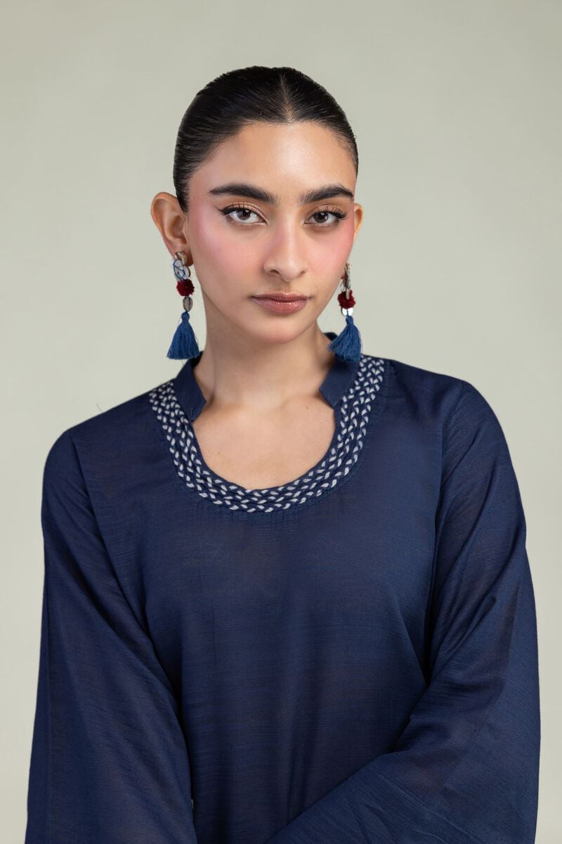 Dyed | Textured Cotton | Navy Round-Neck Kurta | USD 35.00