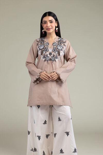 Embroidered | Cambric | Floral Beige Kurta | USD 35.00