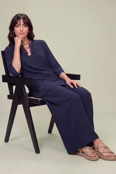 Dyed | Textured Georgette | V-Neck Navy Tunic | USD 40.00