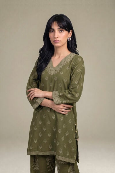 Printed | Light Khaddar | Printed Olive Kurta | USD 45.00