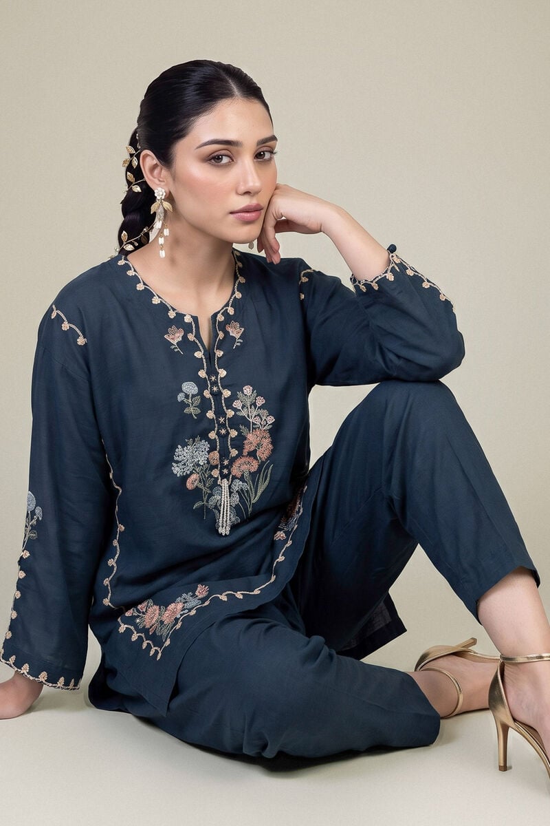 Embroidered | Raw Silk | Floral Navy Kurta | USD 45.00