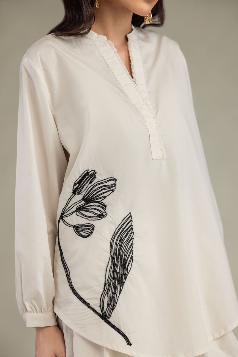 Embroidered | Poplin | Floral Band-Collar Shirt | USD 35.00