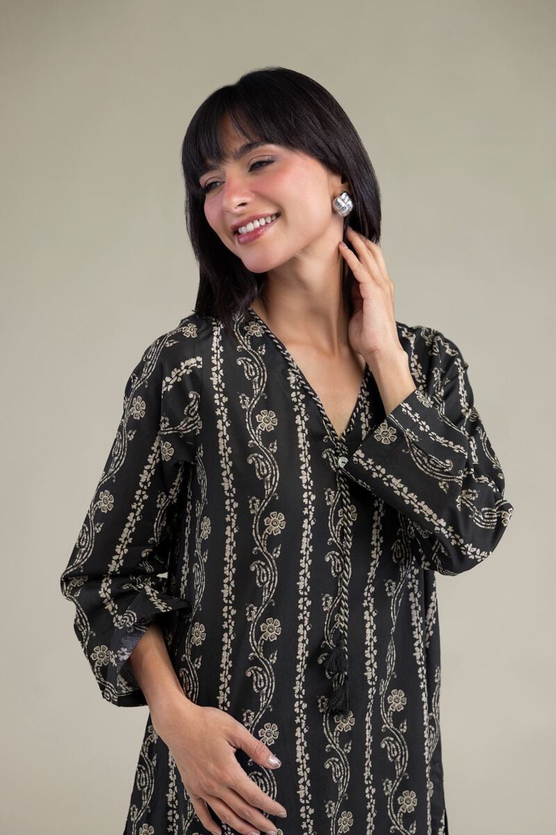 Printed | Cambric | Black V-Neck Kurta | USD 30.00