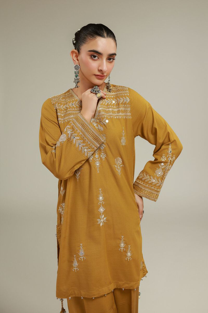Embroidered | Raw Silk | Geometric V-Neck Kurta | USD 55.00