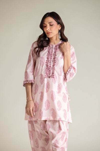 Embroidered | Cambric | Pink Paisley Kurta | USD 35.00