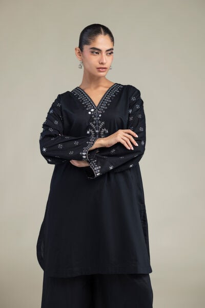 Embroidered | Cambric | Black V-neck Kurta | USD 40.00