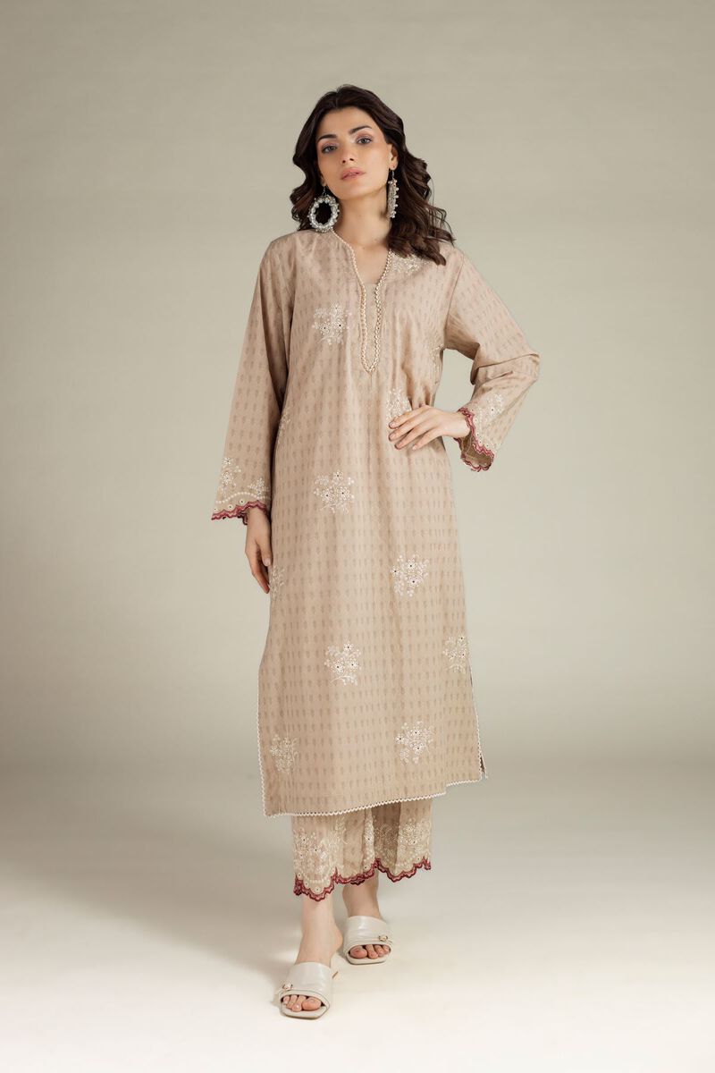 Embroidered | Cotton Dobby | Beige Tailored Suit | USD 65.00