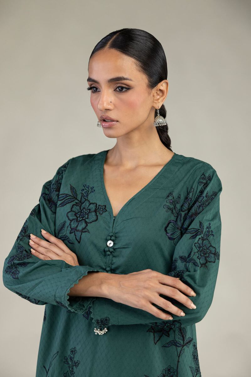 Embroidered | Cotton Dobby | Green Longline Kurta | USD 60.00