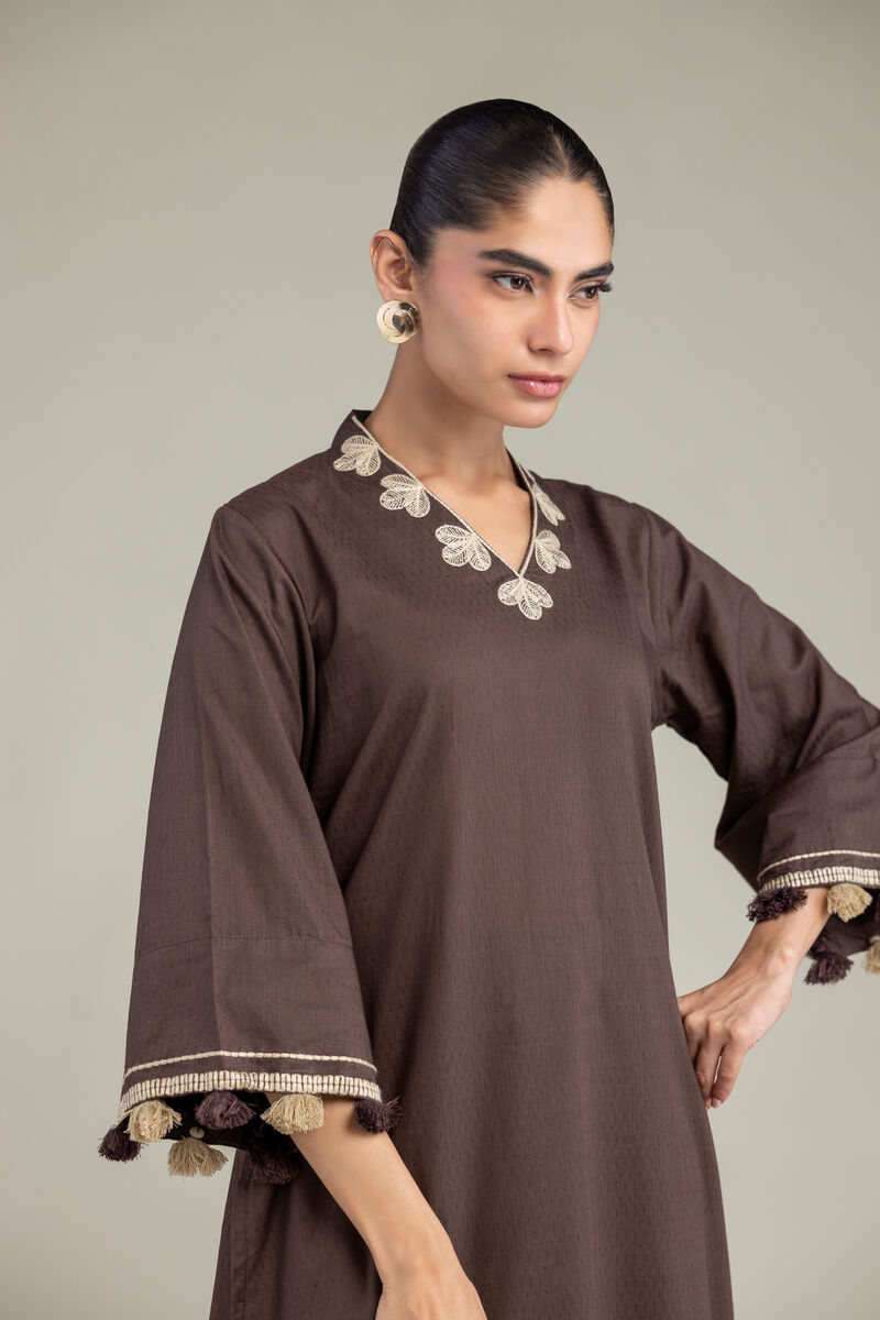 Embroidered | Cotton Dobby | Brown V-Neck Kurta | USD 40.00