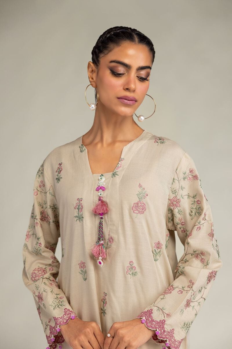 Embroidered | Raw Silk | Floral Beige Kurta | USD 60.00