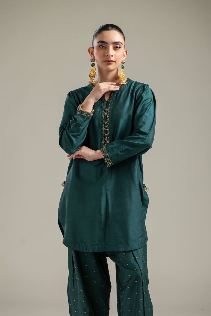 Raw Silk | Green V-Neck Kurta | USD 45.00
