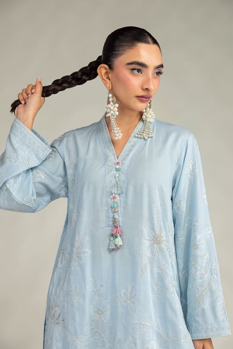 Embroidered | Raw Silk | Blue Floral Kurta | USD 60.00