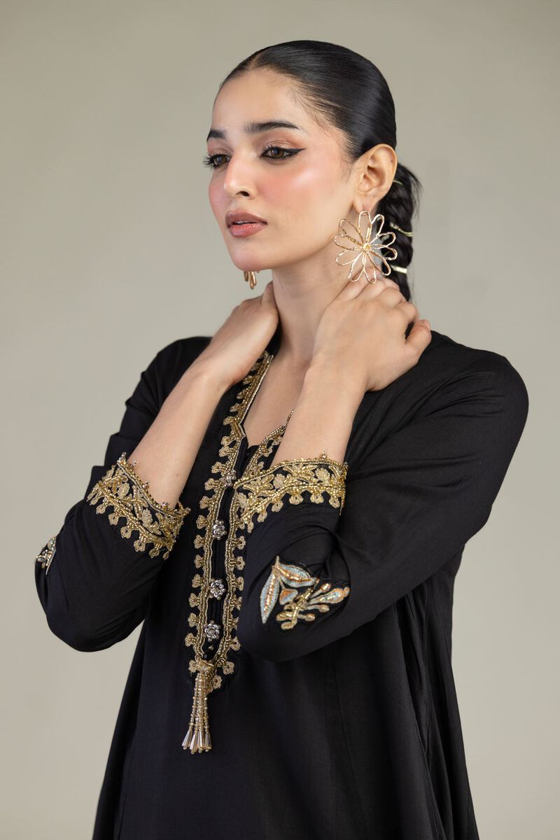 Embroidered | Raw Silk | Black Longline Kurta | USD 60.00