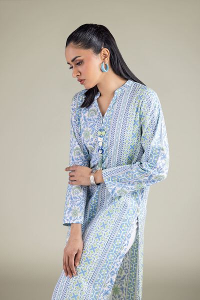 Printed | Cambric | Geometric Band-Collar Kurta | USD 30.00