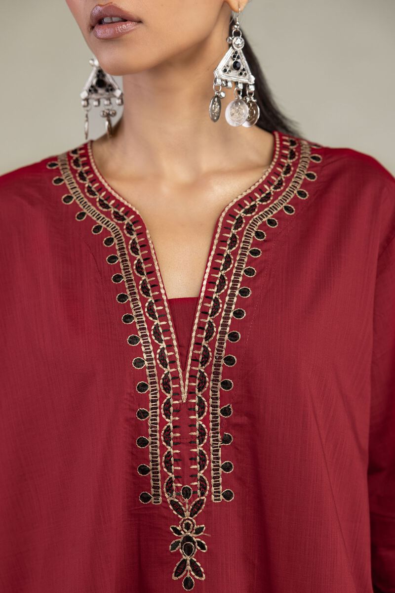Textured Cotton | Embroidered | V-Neck Cotton Kurta | USD 35.00
