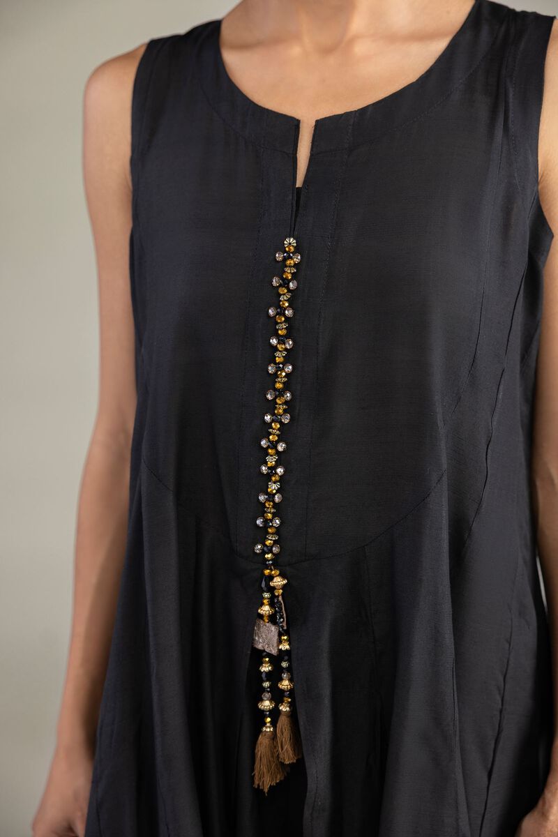 Dyed | Textured Raw Silk | Black Sleeveless Kurta | USD 55.00