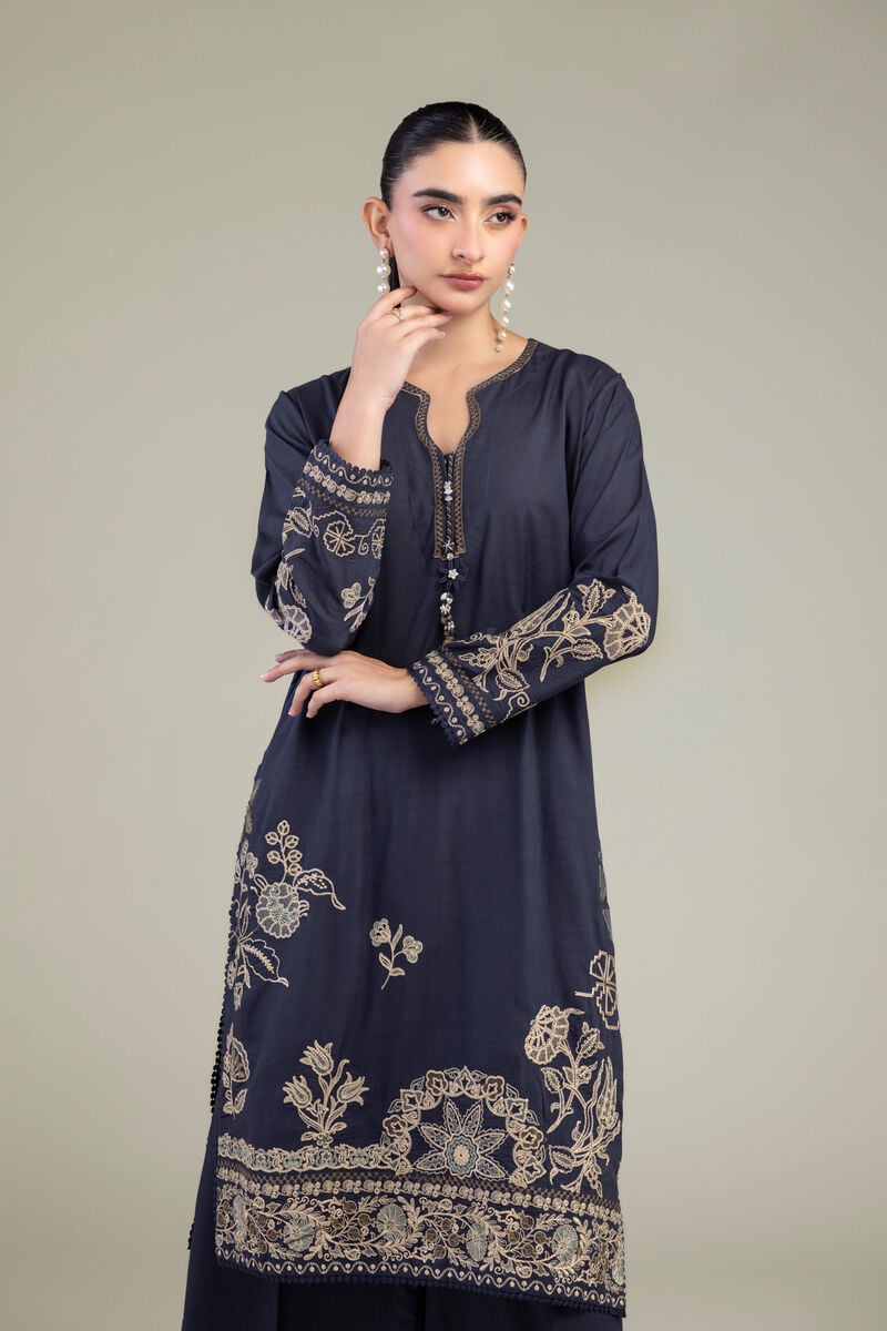 Embroidered | Raw Silk | Floral Navy Kurta | USD 65.00