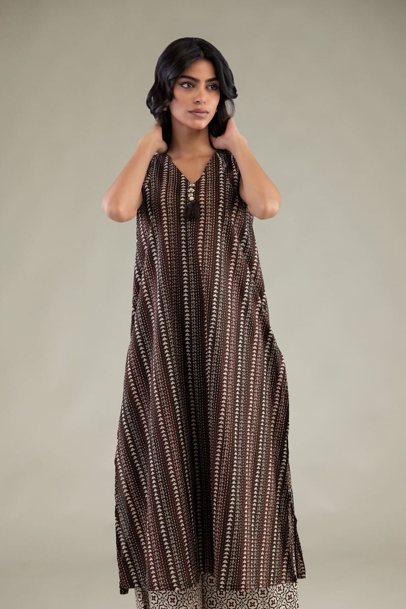 Printed | Cambric | Brown Sleeveless Kurta | USD 35.00