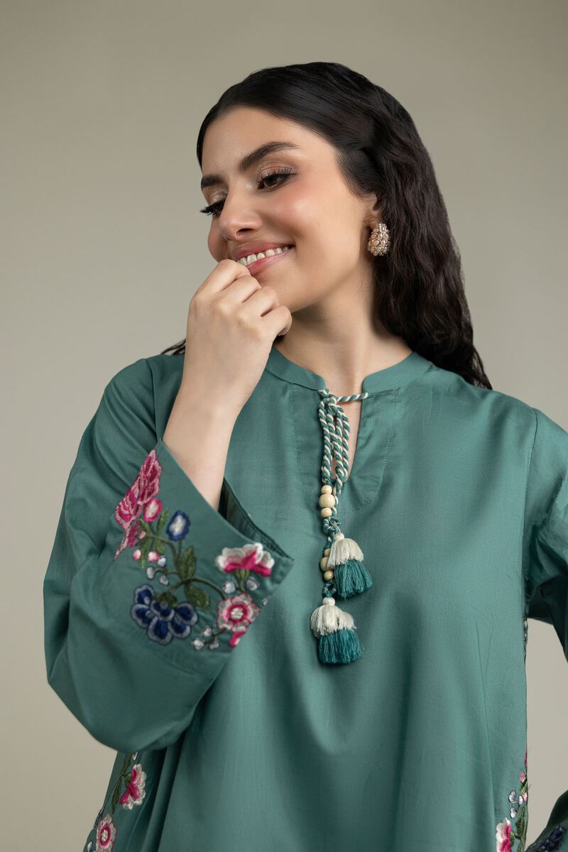 Embroidered | Cambric | Teal Floral Kurta | USD 40.00