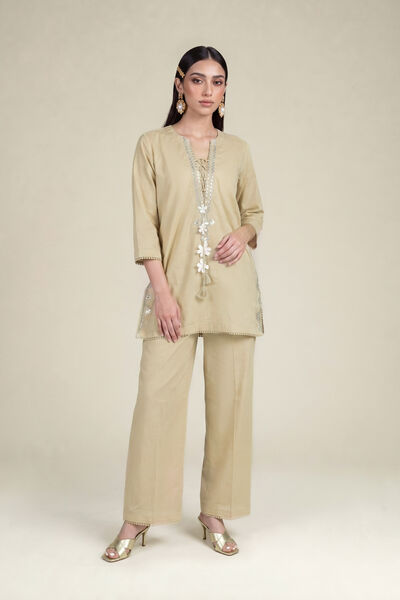 Embroidered | Cambric | Beige Solid Pants | USD 30.00