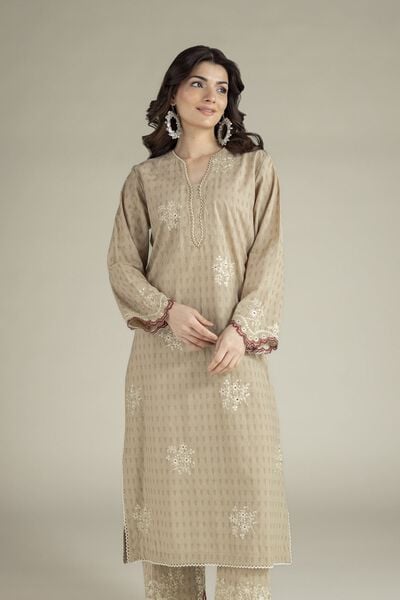 Embroidered | Cotton Dobby | Beige Tailored Suit | USD 65.00