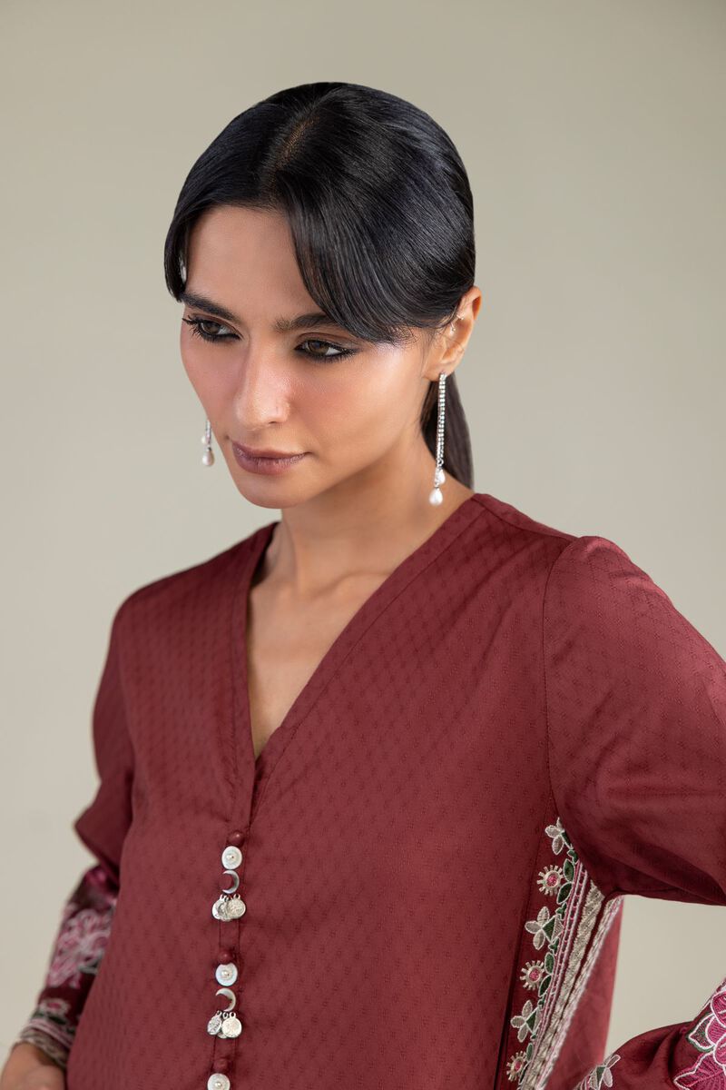 Embroidered | Cotton Dobby | Maroon V-Neck Kurta | USD 45.00