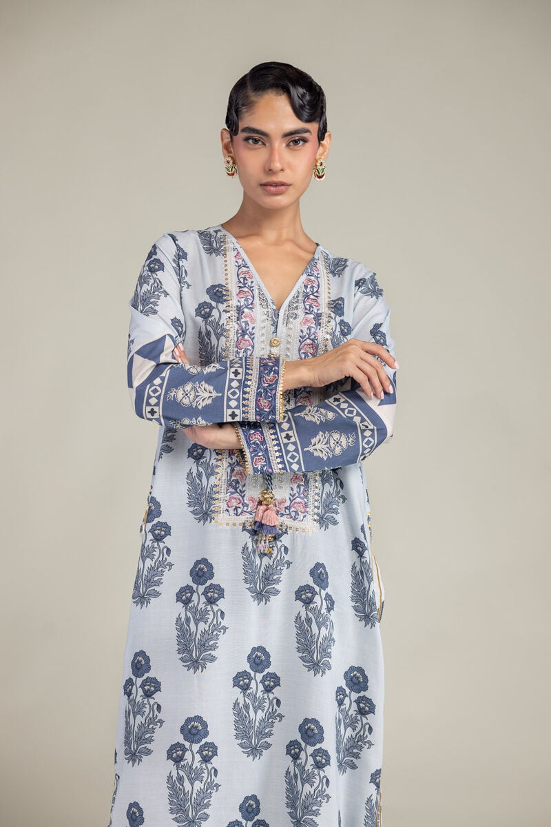 Embroidered | Raw Silk | Floral Blue Kurta | USD 65.00