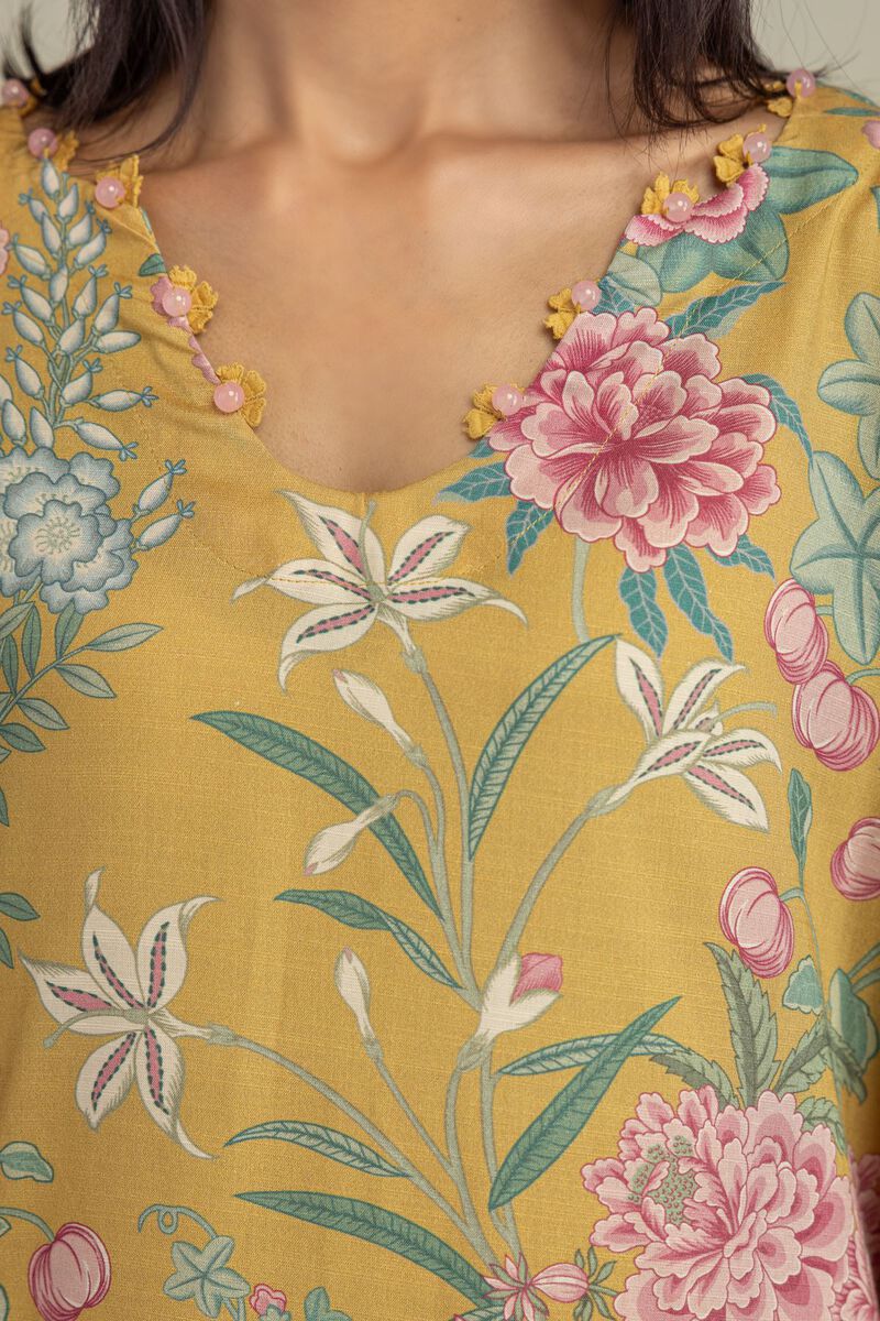 Printed | Raw Silk | Short Mustard Kurta | USD 40.00